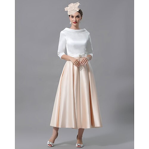 

A-Line Mother of the Bride Dress Elegant Jewel Neck Tea Length Charmeuse Half Sleeve with Pleats 2022