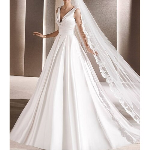 

Ball Gown Wedding Dresses V Neck Chapel Train Satin Sleeveless Formal with 2022