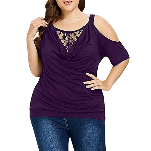 

Women's T shirt Tee Blue Purple Red Plain Lace Half Sleeve Causal Daily Fashion Preppy Round Neck Plus Size Large size XL / Summer