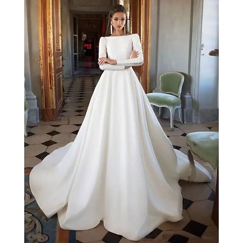 

A-Line Wedding Dresses Bateau Neck Court Train Satin Long Sleeve Simple Backless Elegant with Buttons Pleats 2022