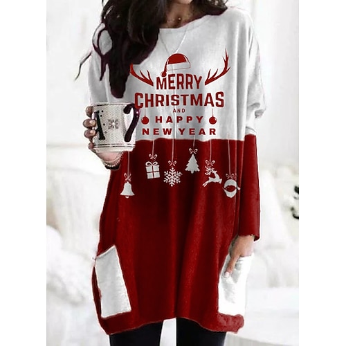 

Women's Christmas T shirt Dress Graphic Prints Reindeer Long Sleeve Pocket Patchwork Print Round Neck Tops Basic Christmas Basic Top Red