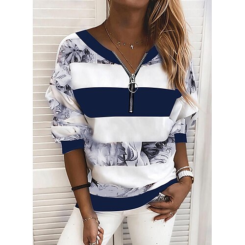 

Women's Striped Color Block Daily Blouse Shirt Long Sleeve Print V Neck Tops Loose Blue Pink Yellow S