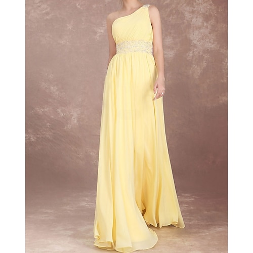 

A-Line Evening Dresses Beautiful Back Dress Wedding Guest Floor Length Sleeveless One Shoulder Chiffon with Pleats Crystals 2022 / Formal Evening