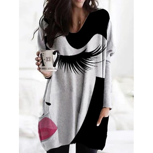 

Women's Shift Dress Black Long Sleeve Print Winter Fall Autumn V Neck Winter Dress Fall Dress Loose Fit S M L XL XXL 3XL