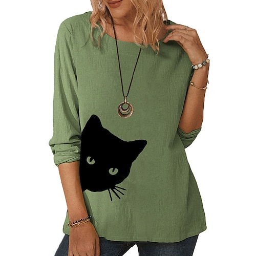 

Women's Shirt Blouse White Green Gray Cat Patchwork Print Long Sleeve Daily Round Neck Long Loose Fit S