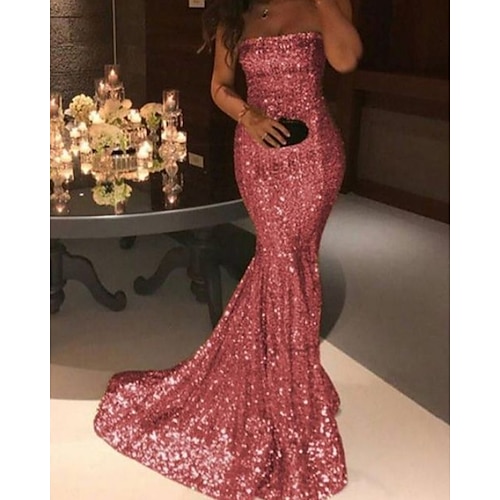 

Mermaid / Trumpet Evening Dresses Glittering Dress Engagement Sweep / Brush Train Sleeveless Off Shoulder Sequined with Sequin 2022 / Formal Evening