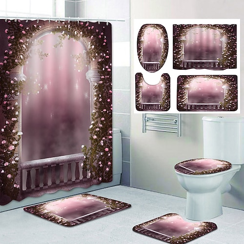 

4 Pcs Sets Dream Gate Pattern Shower Curtain Set with Toilet Lid Cover, Bath Mat and Non-Slip Rugs,Waterproof Durable Shower Curtains with Hooks