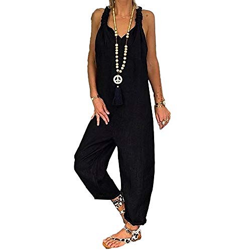 

women backless jumpsuit dungarees sleeveless solid color bib overall knotted long pants rompers black m/us 6