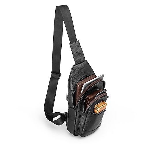 

Men's Waterproof Walking Sports Cowhide Travel Bag Sling Shoulder Bag Chest Bag Zipper Solid Color Daily Outdoor MessengerBag Black Brown