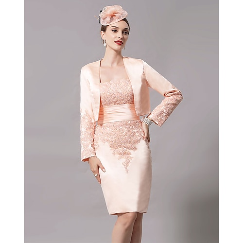 

Sheath / Column Mother of the Bride Dress Plus Size Elegant Strapless Short / Mini Polyester Long Sleeve with Lace 2022