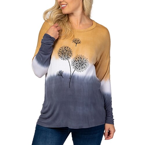 

Women's T shirt Tee Blue Gray Color Block Dandelion Patchwork Print Long Sleeve Daily Basic Round Neck Regular Loose Fit S