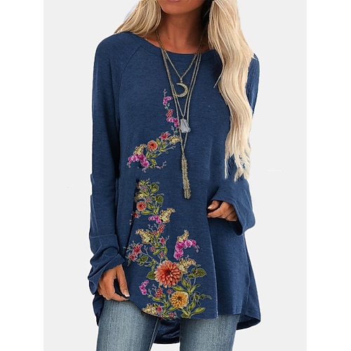 

Women's Tunic Shirts T shirt Tee Tunic Green Blue Navy Blue Graphic Floral Print Long Sleeve Casual Daily Basic Round Neck Long Floral S