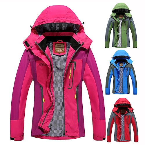 

Women's Hoodie Jacket Waterproof Hiking Jacket Rain Jacket Outdoor Patchwork Thermal Warm Waterproof Windproof Quick Dry Outerwear Windbreaker Trench Coat Hunting Ski / Snowboard Fishing Red Fuchsia