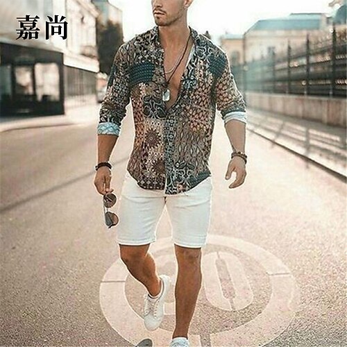 

Men's Shirt Graphic Shirt Geometric Button Down Collar Khaki Other Prints Daily Long Sleeve Print Clothing Apparel Designer