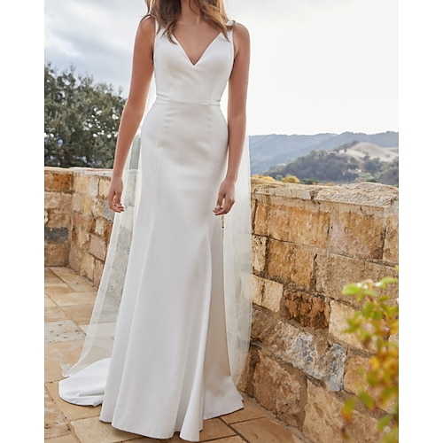 

Sheath / Column Wedding Dresses V Neck Sweep / Brush Train Tulle Stretch Satin Sleeveless Country Simple with 2022