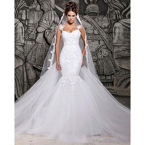 

Mermaid / Trumpet Wedding Dresses Strapless Court Train Lace Spaghetti Strap Country Formal Casual with 2022