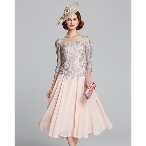 

A-Line Mother of the Bride Dress Plus Size Elegant Sexy Jewel Neck Tea Length Chiffon Lace 3/4 Length Sleeve with Beading 2022