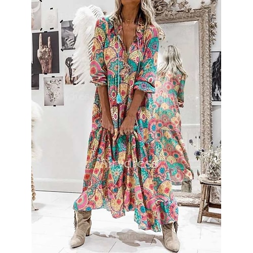 

Women's Swing Dress Boho Dress Rainbow Long Sleeve Patchwork Fall Spring Autumn V Neck Winter Dress Fall Dress 2022 S M L XL XXL