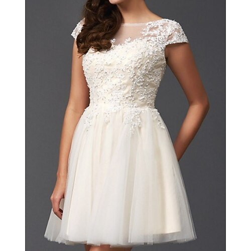 

A-Line Wedding Dresses Jewel Neck Short / Mini Lace Tulle Short Sleeve Vintage Little White Dress 1950s with Appliques 2022