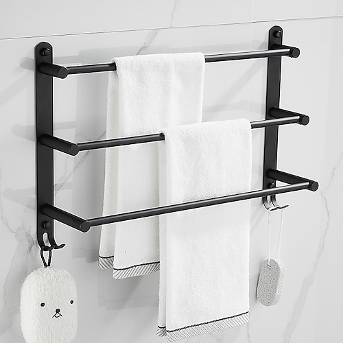 

Wall Mounted Towel Holder with Hooks,Stainless Steel 3-TierTowel Rack Storage Shelf for Bathroom 40cm~70cm Towel Bar Towel Rail Towel Hanger(Matte Black)