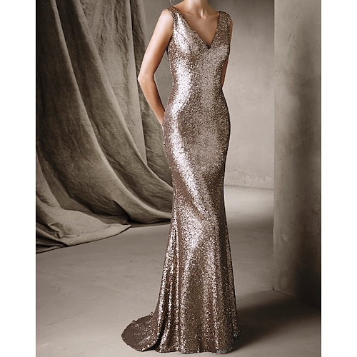 

Mermaid / Trumpet Evening Dresses Sparkle Dress Wedding Guest Sweep / Brush Train Sleeveless V Neck Sequined with Sequin 2022 / Formal Evening / Sparkle & Shine