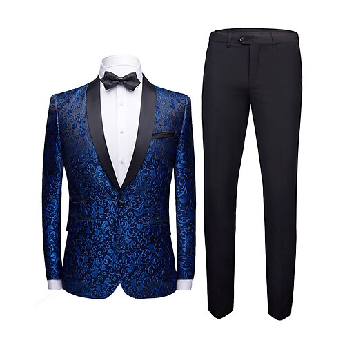 

Blue Men's Tuxedos Shawl Collar Jacquard Tailored Fit Single Breasted One-button 2022