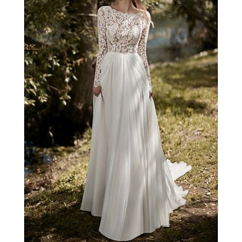 

Spiaggia / Destinazione Abiti da sposa Strascico a terra A tubino Manica lunga Con decorazione gioiello Chiffon Con 2023 Primavera estate Abiti da sposa