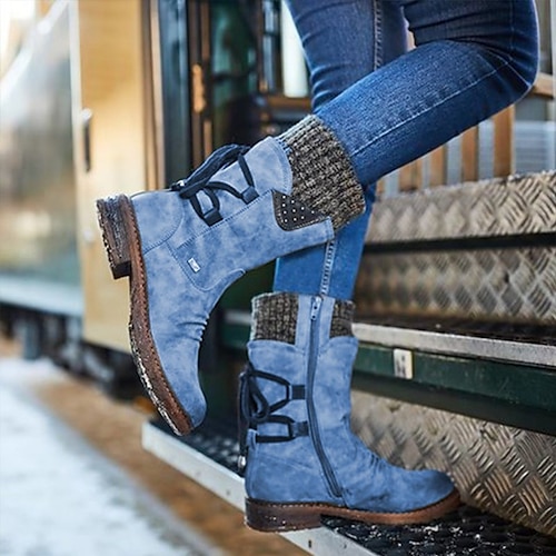 

Women's Boots Outdoor Office & Career Snow Boots Mid Calf Boots Winter Lace-up Flower Block Heel Round Toe Vintage Sexy Classic Cycling Shoes Walking Shoes Suede PU Zipper Plaid Purple Blue Gray