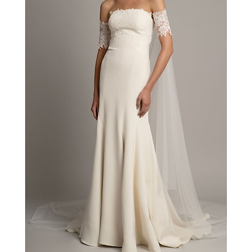 

Sheath / Column Wedding Dresses Off Shoulder Sweep / Brush Train Stretch Satin Sleeveless Simple with Pleats 2022