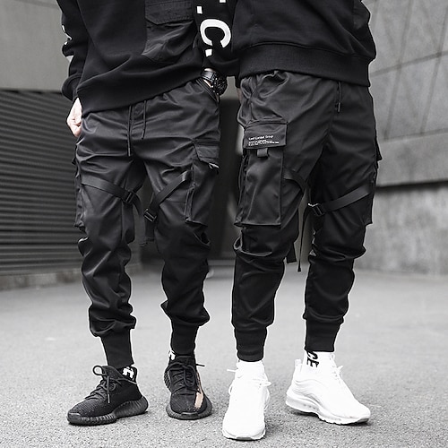 

mens joggers pants long trousers multi-pockets Ribbon streetwear cargo pants outdoor fashion casual relaxed fit with drawstring pants