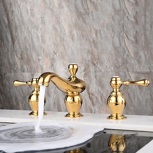 

Bathroom Sink Faucet - Widespread Golden Basin Faucet Royal Luxury Style Two Handles Three Holes Bath Vanity Vessel Sink Mixer Taps