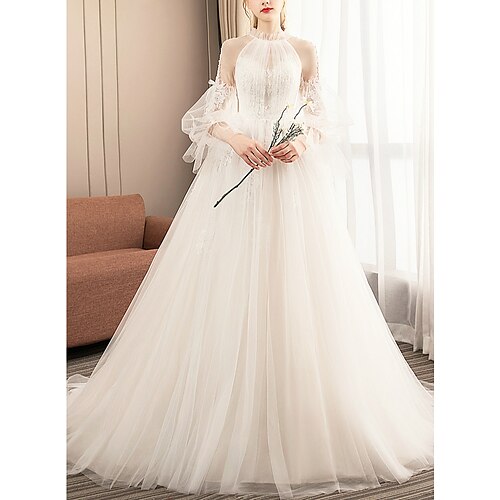 

Ball Gown Wedding Dresses Jewel Neck Court Train Tulle Long Sleeve Formal Romantic with Pleats Appliques 2022 / Illusion Sleeve