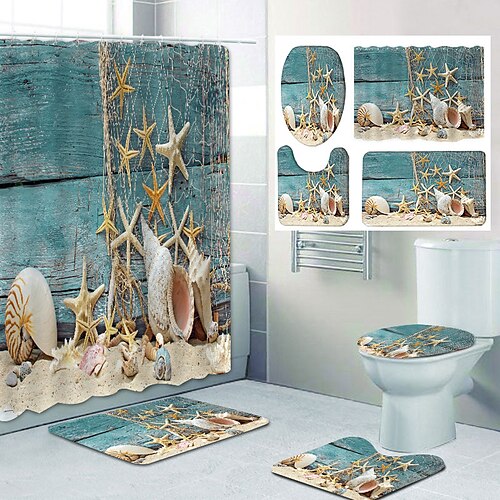 

Starfish On The Beach Pattern Printing Bathroom Shower Curtain Set 4pcs Include Bathtub Curtain and Mats Polyester