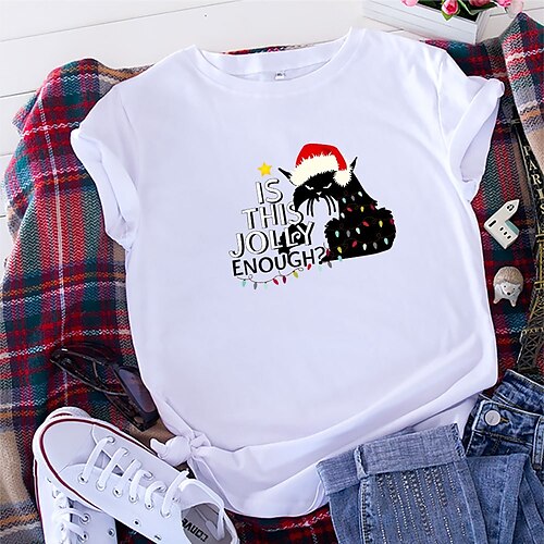 

Mujer Camiseta Plata Blanco Amarillo Graphic Gato Estampado Manga Corta Navidad Diario Básico Navidad Escote Redondo Regular 100% Algodón S