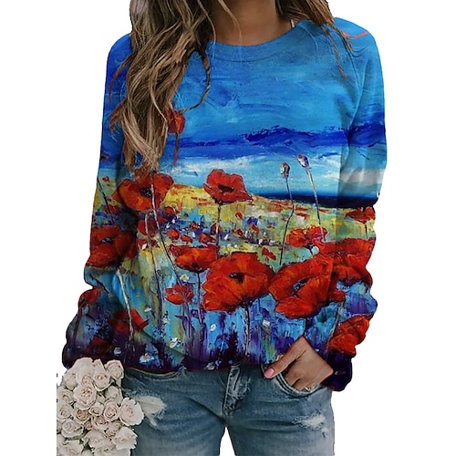 Women's Hoodie Sweatshirt Pullover Casual Green Blue Purple Graphic Floral Scenery Loose Fit Daily Round Neck Long Sleeve S M L XL XXL / 3D Print