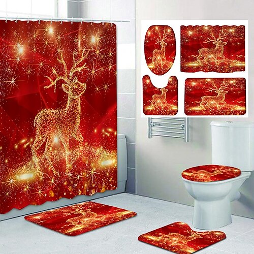 

Christmas Shower Curtain Elk Pattern PrintingBathroomLeisure Toilet Four-Piece Design