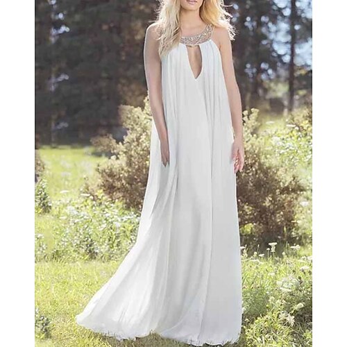 

Sheath / Column Wedding Dresses Halter Neck Floor Length Chiffon Sleeveless Beach with Beading Appliques 2022