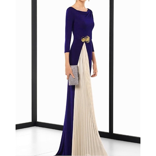 

Sheath / Column Minimalist Elegant Wedding Guest Formal Evening Dress Jewel Neck 3/4 Length Sleeve Sweep / Brush Train Spandex with Sash / Ribbon Pleats 2022