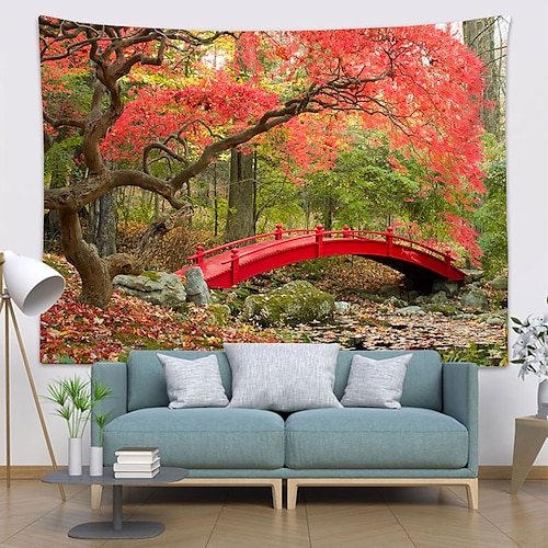 

Wall Tapestry Art Deco Blanket Curtain Picnic Table Cloth Hanging Home Bedroom Living Room Dormitory Decoration Polyester Fiber Red Bridge Forest