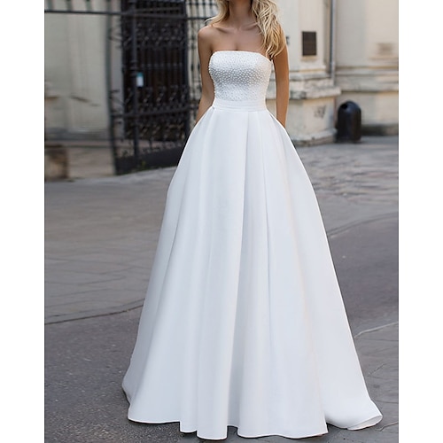 

A-Line Wedding Dresses Strapless Court Train Satin Half Sleeve Sleeveless Simple with Beading 2022