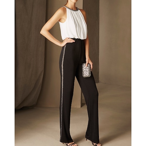 

Jumpsuit / Pantsuit Kveldskjoler Minimalistisk Kjole Bryllupsgjest Gulvlengde Ermeløs Besmykket Chiffon med slank Perlearbeid 2023