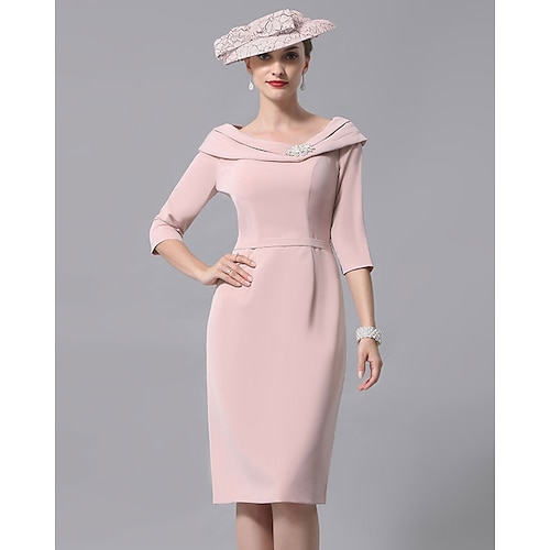 

Sheath / Column Mother of the Bride Dress Vintage Plus Size Elegant Scoop Neck Knee Length Jersey 3/4 Length Sleeve with Beading Crystal Brooch 2022