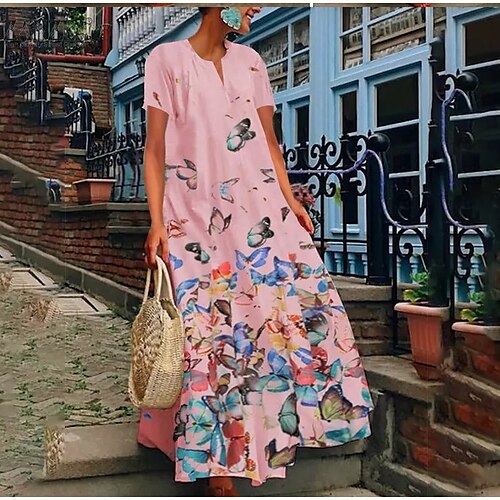 

Women's Casual Dress Swing Dress Sundress Long Dress Maxi Dress Pink Light Blue White Short Sleeve Animal Patchwork Spring Summer V Neck Loose Fit S M L XL XXL 3XL 4XL 5XL