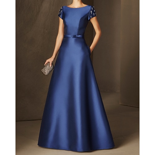 

A-Line Evening Dresses Beautiful Back Dress Wedding Guest Floor Length Short Sleeve Boat Neck Satin with Sleek 2022 / Formal Evening