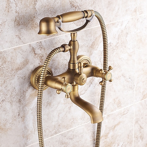 

Shower Faucet / Rainfall Shower Head System Set - Handshower Included pullout Vintage Style / Country Antique Brass / Electroplated Mount Outside Ceramic Valve Bath Shower Mixer Taps / Two Handles
