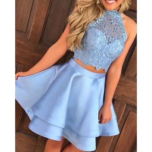 

A-Line Beautiful Back Sexy Engagement Cocktail Party Dress Halter Neck Sleeveless Short / Mini Satin with Lace Insert 2022