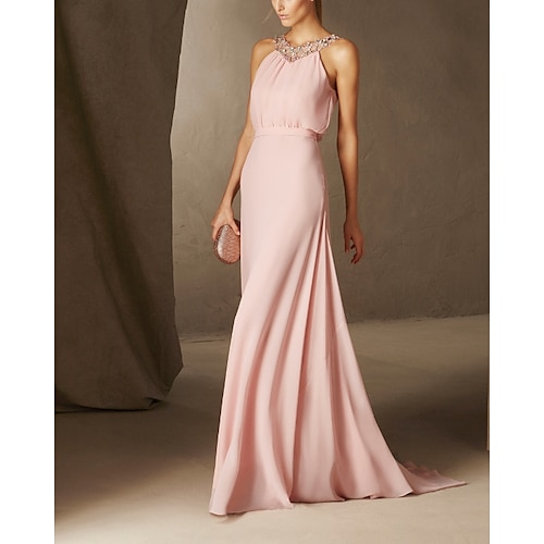 

Sheath / Column Sexy Floral Engagement Formal Evening Dress Jewel Neck Sleeveless Sweep / Brush Train Chiffon with Pleats Beading 2022