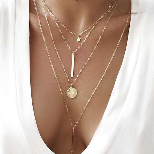 

4pcs 18k gold plated layered choker necklaces for women dainty triangle long bar disc necklace adjustable layering y pendant chain necklaces gold plated