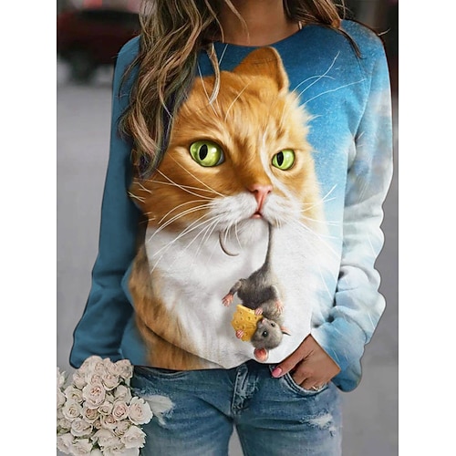 

Women's Hoodie Sweatshirt Pullover Basic Casual White Blue Gray Graphic Animal Daily Round Neck Long Sleeve S M L XL XXL