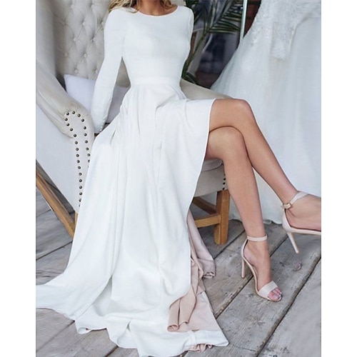 

A-Line Wedding Dresses Jewel Neck Sweep / Brush Train Chiffon Over Satin Long Sleeve Simple Modern with Split Front 2022